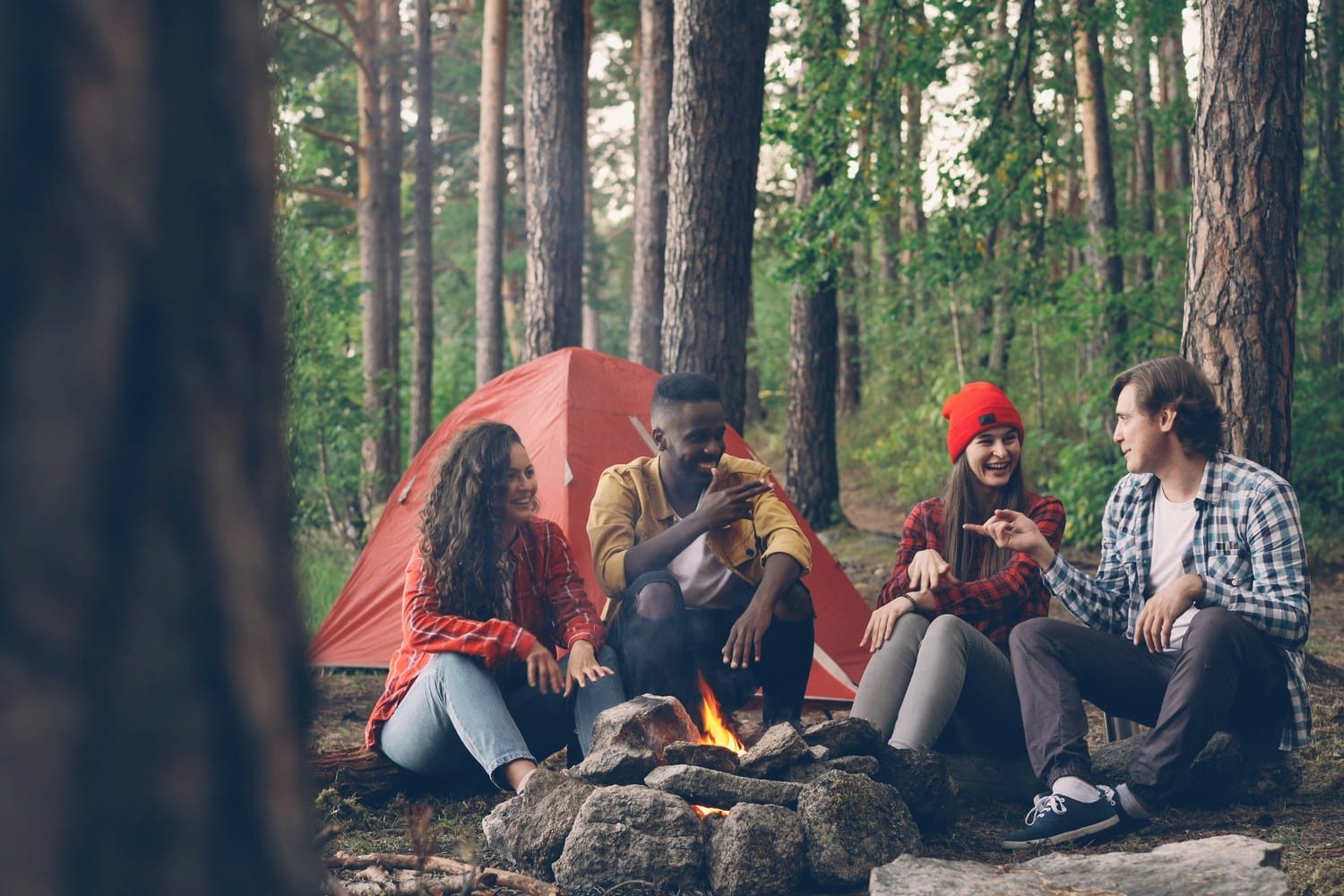 Groupe de personnes faisant du camping en pleine nature