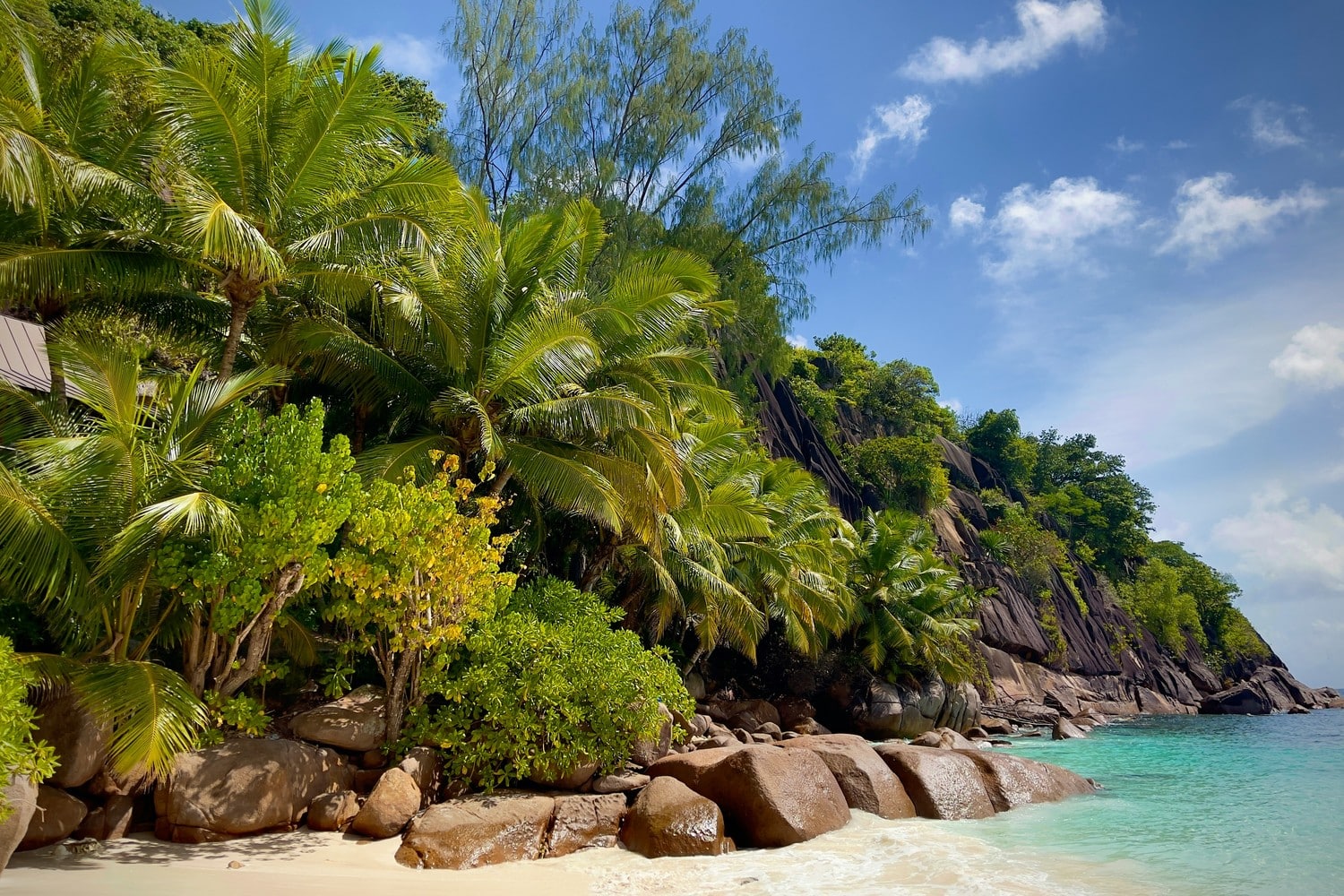 Plage ou paysage montagneux de Mahé, Seychelles